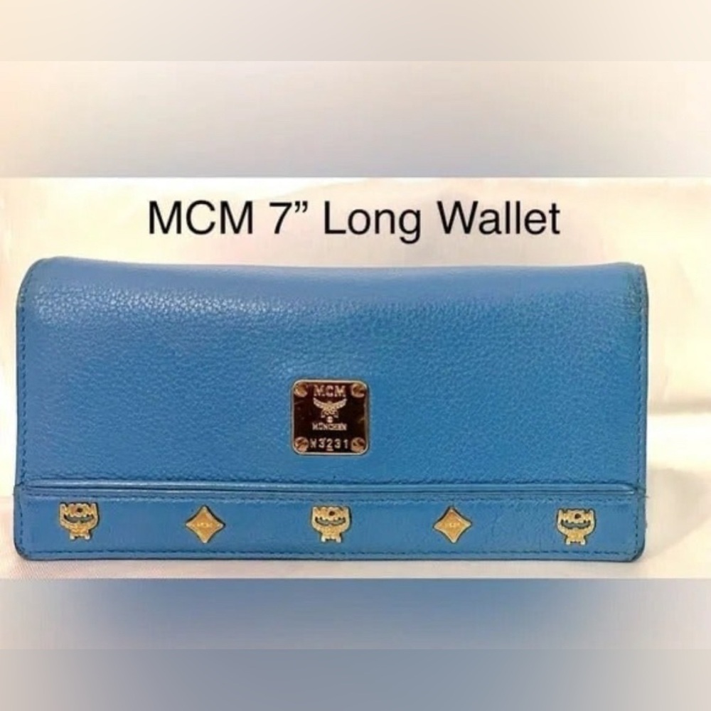 MCM Blue Leather Wallet Bifold Wallet Checkbook ID Cards Holder Womens Gifts
